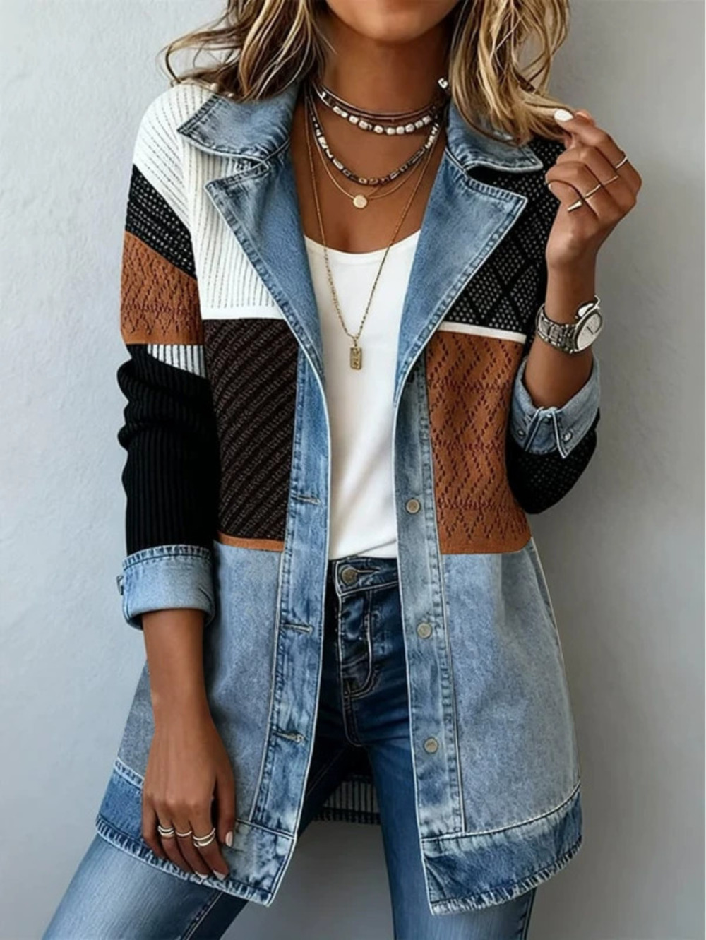 FOREVER 21 Chic Womens Fall Washed Denim Patchwork Slim Fit Long Sleeve Jacket